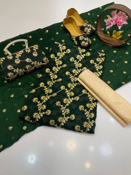 5-Piece Embroidered Chiffon Suit in Bottle Green with Matching Khussa & Clutch – Grand Bazar