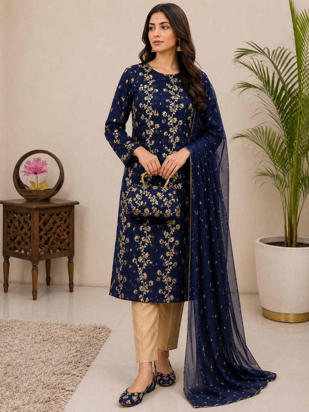5-Piece Embroidered Crinkle Chiffon Suit with Matching Khussa & Clutch