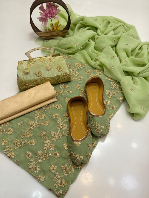 5-Piece Embroidered Chiffon Suit in Mint Green with Matching Khussa & Clutch – Grand Bazar