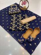 5-Piece Embroidered Crinkle Chiffon Suit with Matching Khussa & Clutch