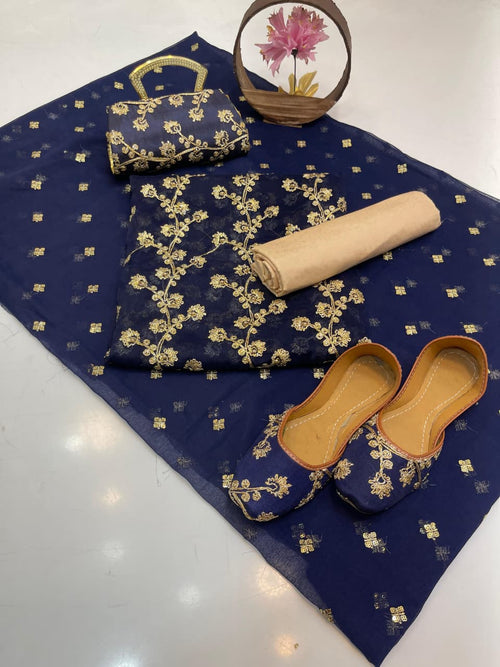 5-Piece Embroidered Chiffon Suit in Navy Blue with Matching Khussa & Clutch – Grand Bazar