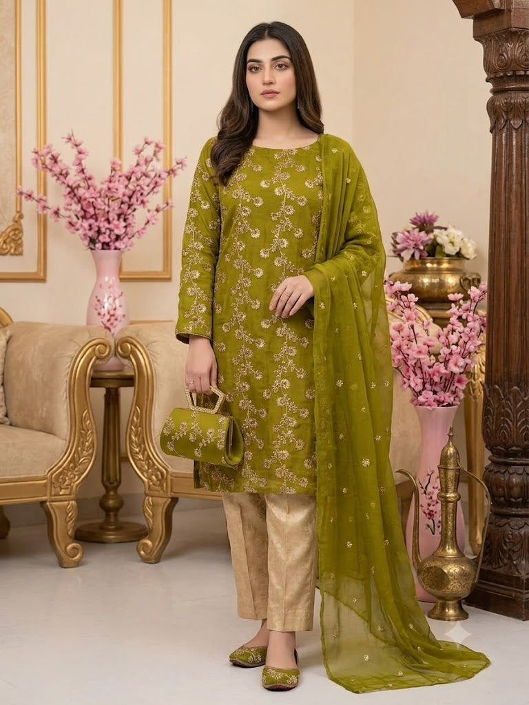 5-Piece Embroidered Chiffon Suit in Olive Green with Matching Khussa & Clutch – Grand Bazar