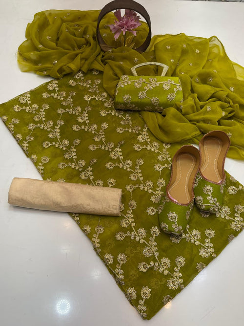 5-Piece Embroidered Chiffon Suit in Olive Green with Matching Khussa & Clutch – Grand Bazar