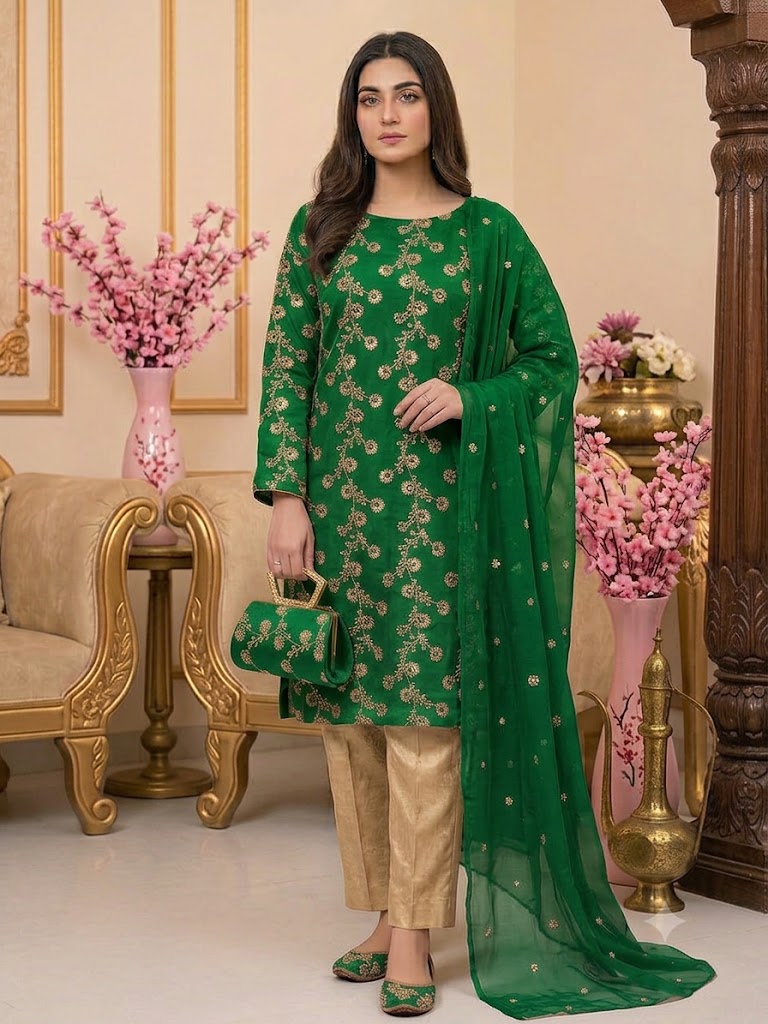 5-Piece Embroidered Crinkle Chiffon Suit with Matching Khussa & Clutch