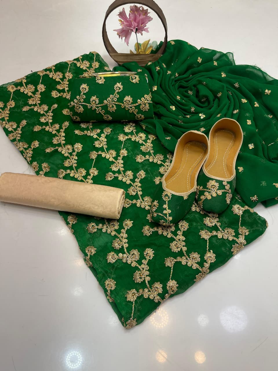5-Piece Embroidered Crinkle Chiffon Suit with Matching Khussa & Clutch