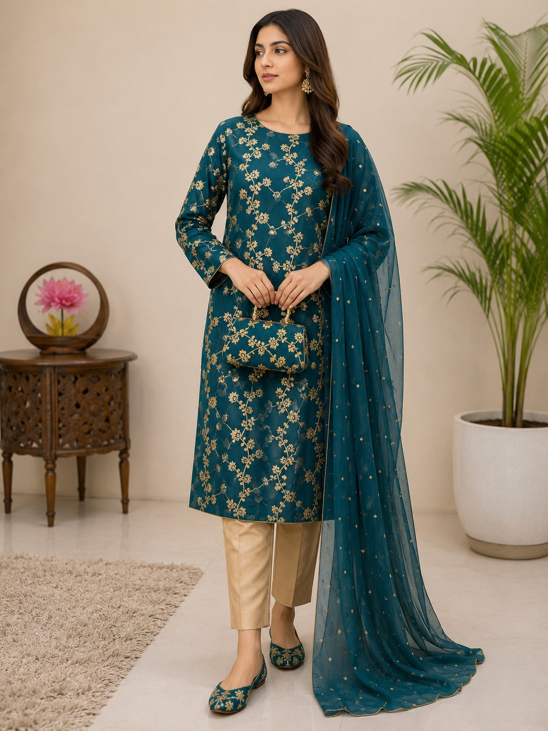 5-Piece Embroidered Chiffon Suit in Dark Teal with Matching Khussa & Clutch – Grand Bazar