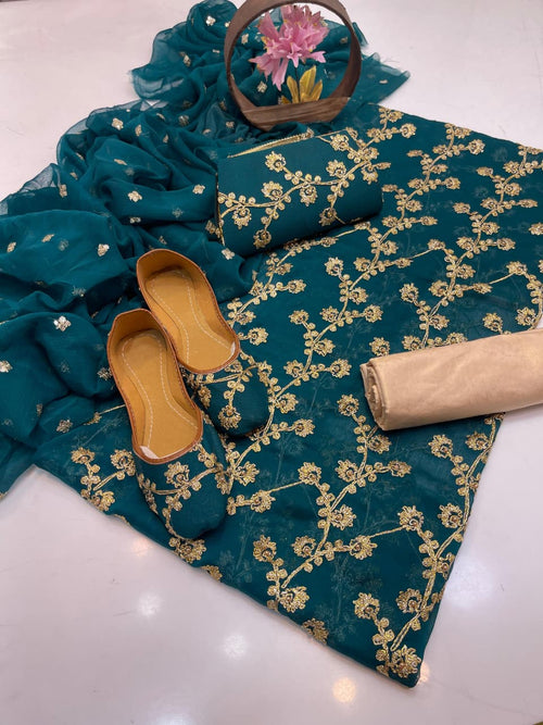 5-Piece Embroidered Chiffon Suit in Dark Teal with Matching Khussa & Clutch – Grand Bazar