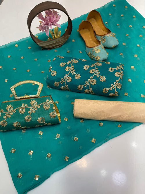 5-Piece Embroidered Chiffon Suit in Teal with Matching Khussa & Clutch – Grand Bazar