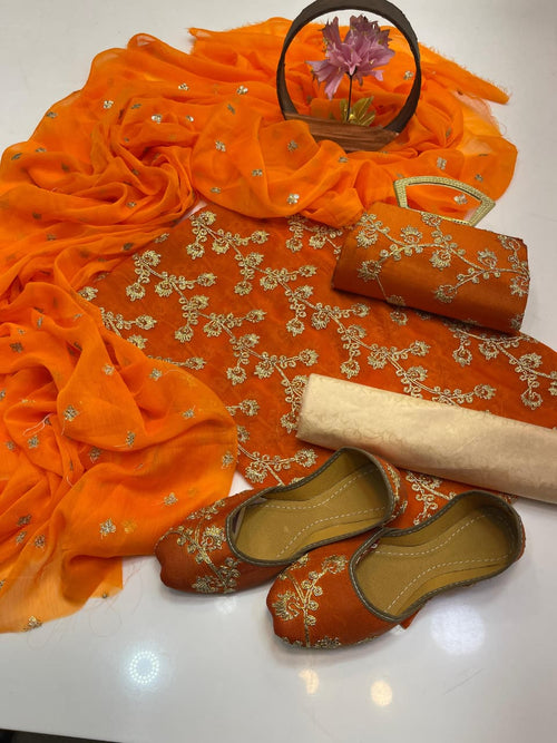 5-Piece Embroidered Chiffon Suit in Orange with Matching Khussa & Clutch – Grand Bazar