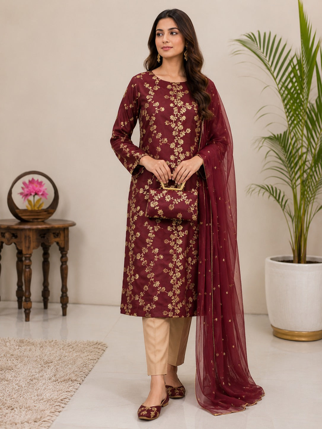 5-Piece Premium Embroidered Festive Suit with Matching Khussa & Clutch – Grand Bazar