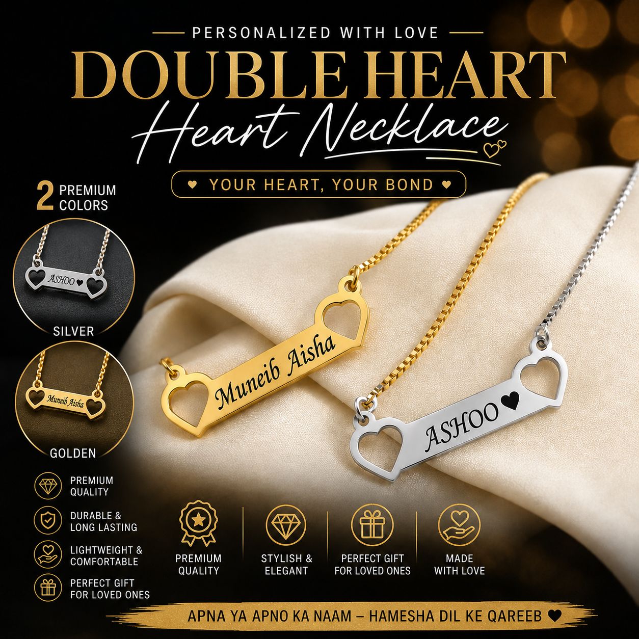 Double Heart Customized Engraved Name Necklace - Premium Locket for Couples