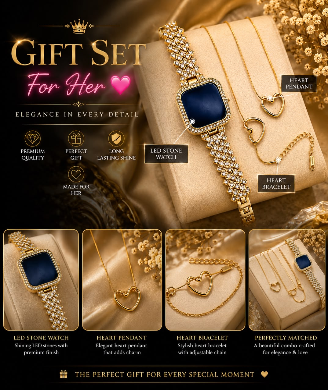 Luxury 3-Piece Gift Set for Her – Premium LED Stone Watch, Heart Pendant & Bracelet Combo