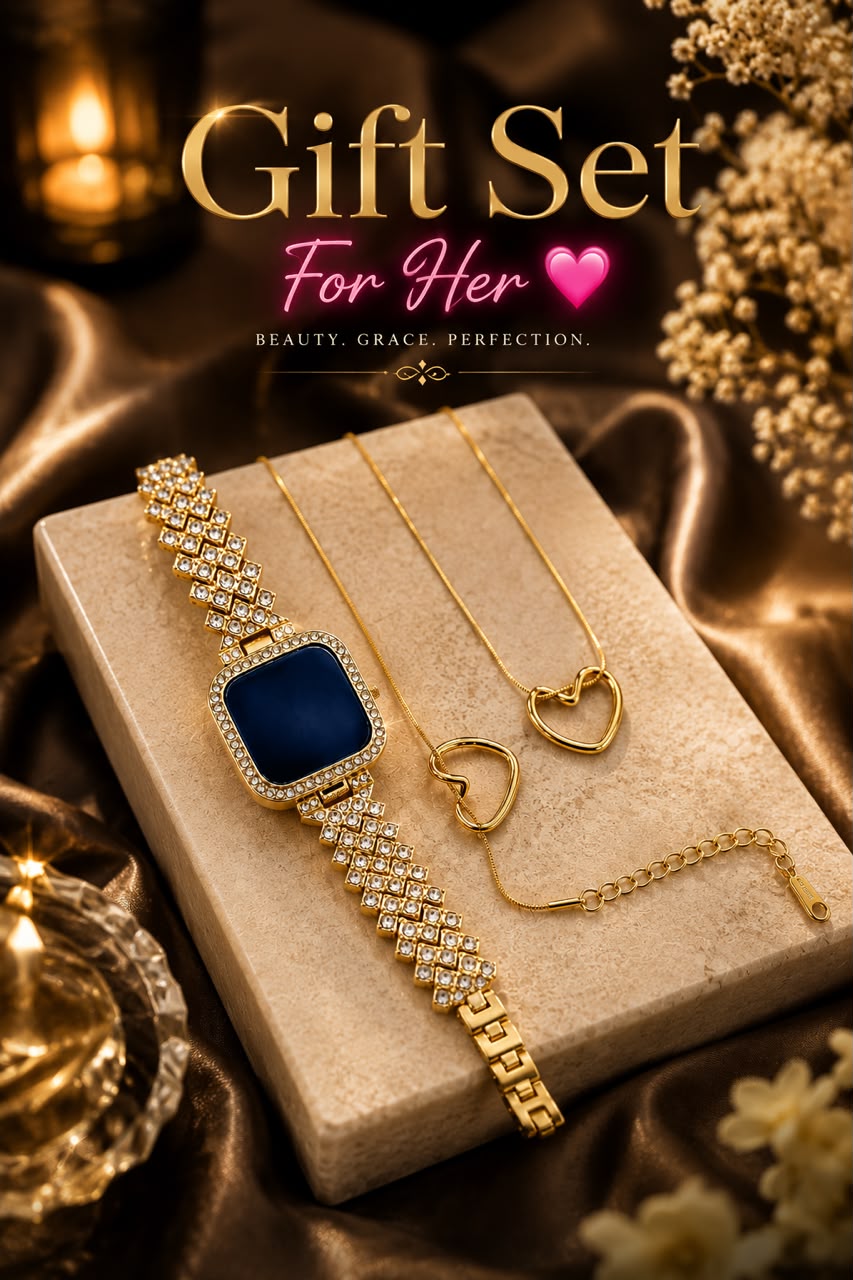 Luxury 3-Piece Gift Set for Her – Premium LED Stone Watch, Heart Pendant & Bracelet Combo