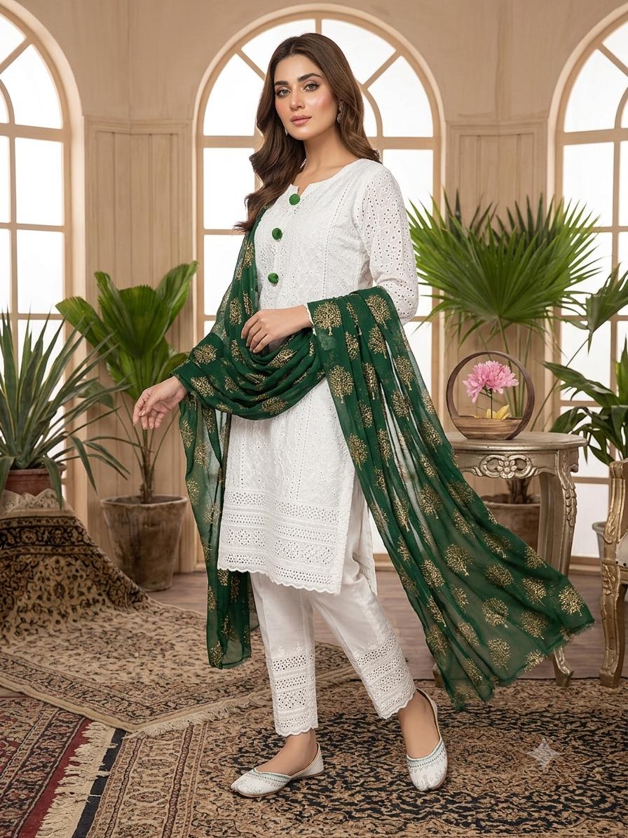 Independence Day Special – Free Khusa & Buttons | Cotton Chicken Kaari Embroidered 3-Piece Dress Set – Grand Bazar