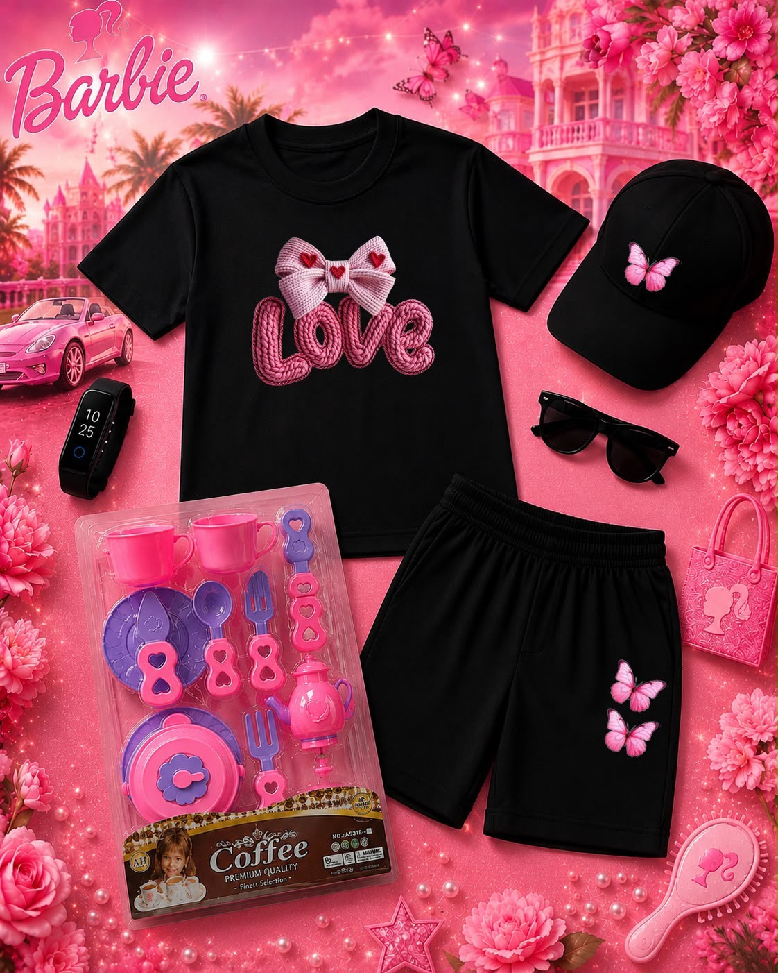 Kids Barbie Theme 6-Piece Gift Pack - Premium DTF Printed T-Shirt & Shorts Set with Free Makeup Kit