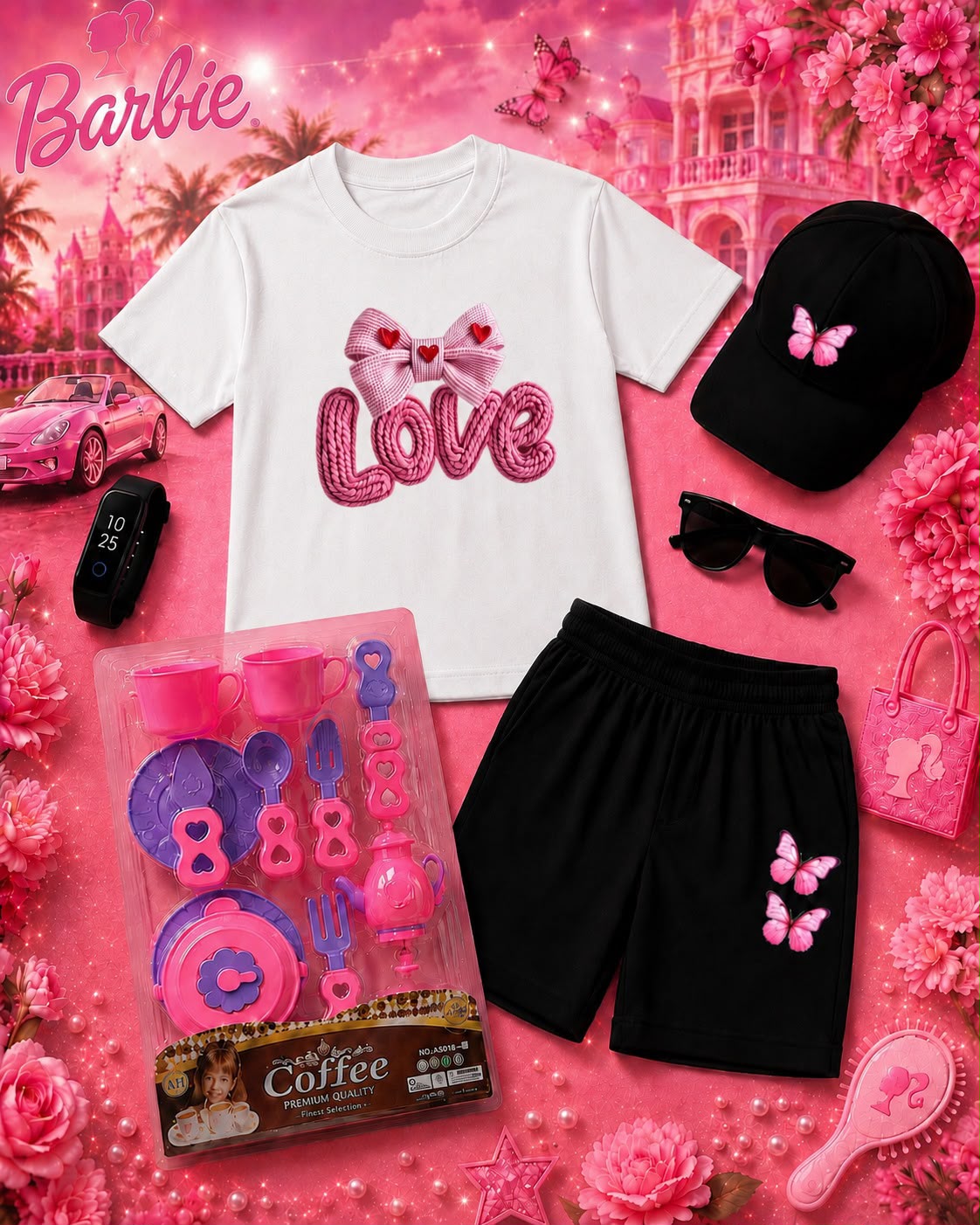 Kids Barbie Theme 6-Piece Gift Pack - Premium DTF Printed T-Shirt & Shorts Set with Free Makeup Kit