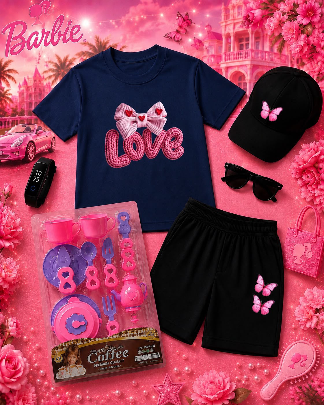 Kids Barbie Theme 6-Piece Gift Pack - Premium DTF Printed T-Shirt & Shorts Set with Free Makeup Kit