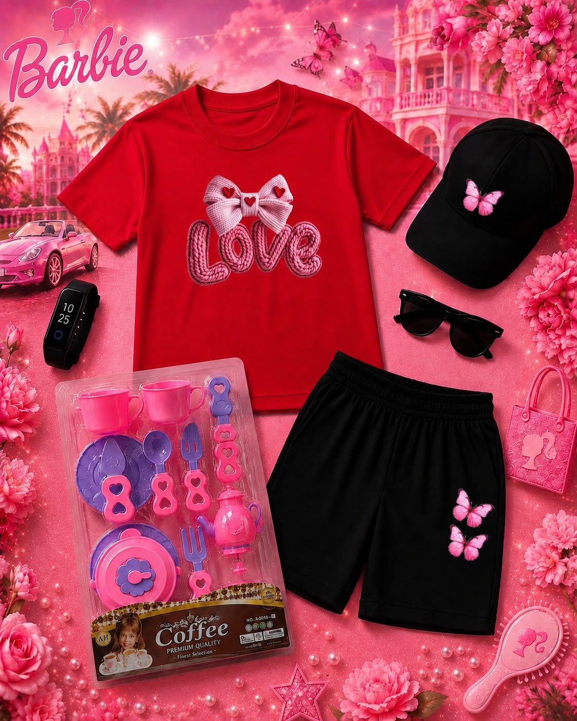 Kids Barbie Theme 6-Piece Gift Pack - Premium DTF Printed T-Shirt & Shorts Set with Free Makeup Kit