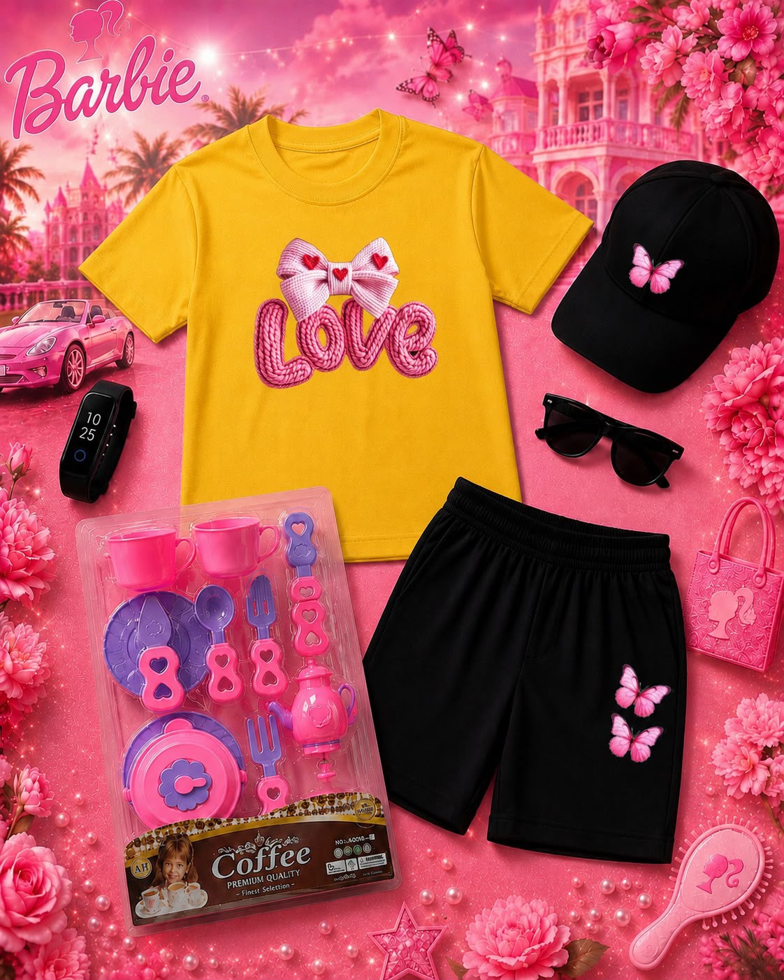 Kids Barbie Theme 6-Piece Gift Pack - Premium DTF Printed T-Shirt & Shorts Set with Free Makeup Kit