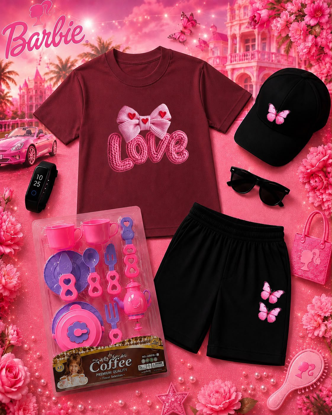 Kids Barbie Theme 6-Piece Gift Pack - Premium DTF Printed T-Shirt & Shorts Set with Free Makeup Kit