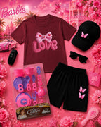 Kids Barbie Theme 6-Piece Gift Pack - Premium DTF Printed T-Shirt & Shorts Set with Free Makeup Kit
