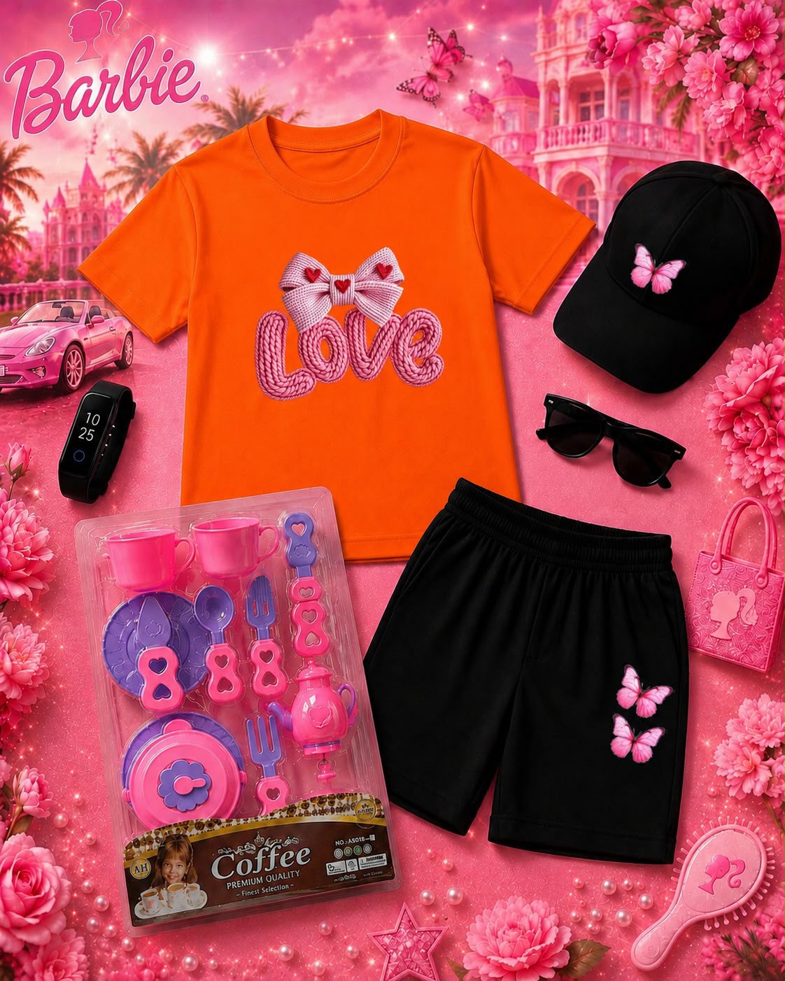 Kids Barbie Theme 6-Piece Gift Pack - Premium DTF Printed T-Shirt & Shorts Set with Free Makeup Kit