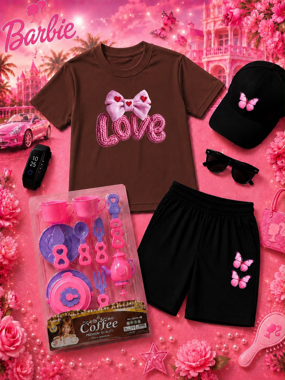 Kids Barbie Theme 6-Piece Gift Pack - Premium DTF Printed T-Shirt & Shorts Set with Free Makeup Kit