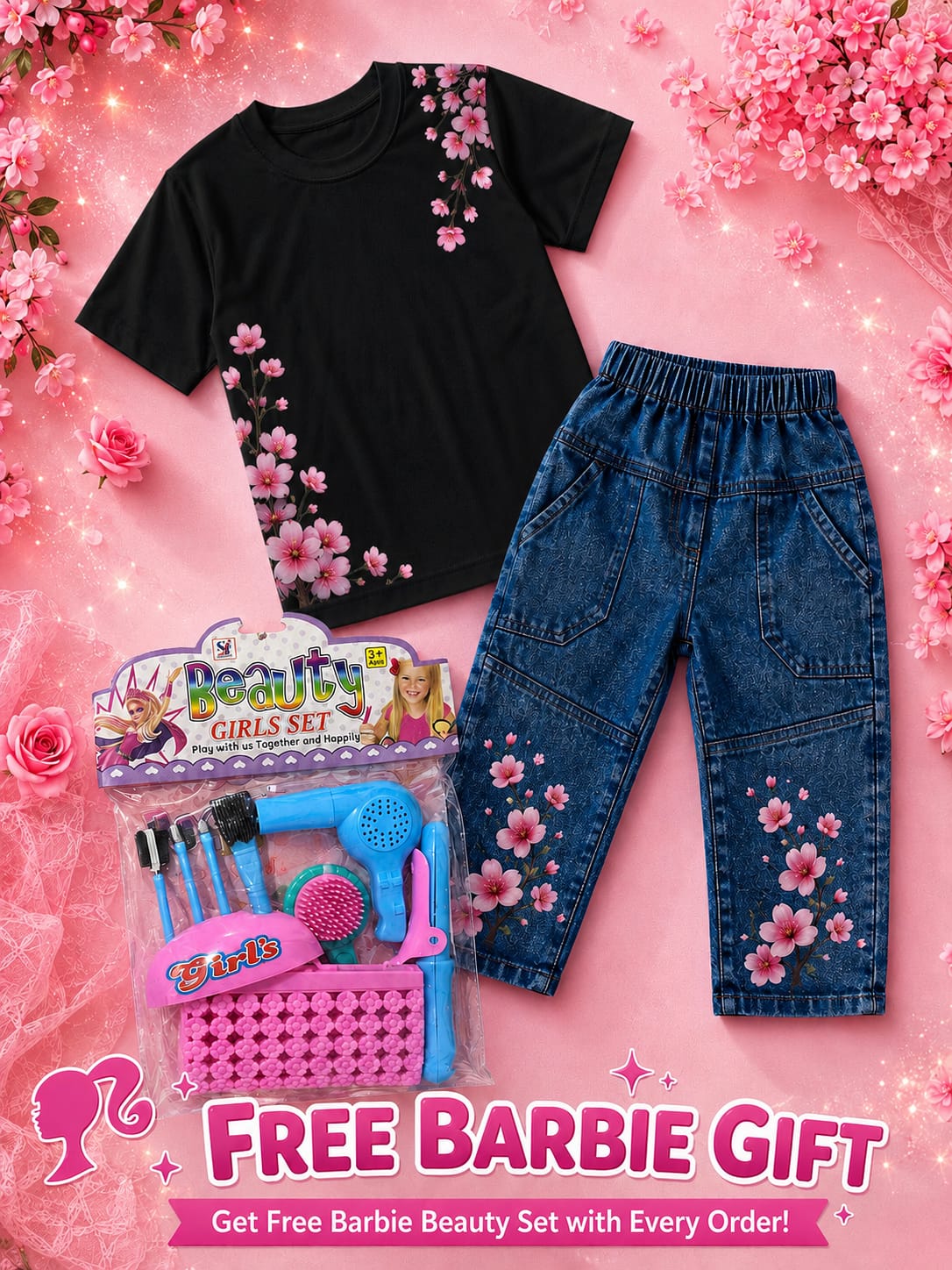 Girls Western Cotton Jersey T-Shirt & Denim Pent Tracksuit with Free Beauty Gift Set
