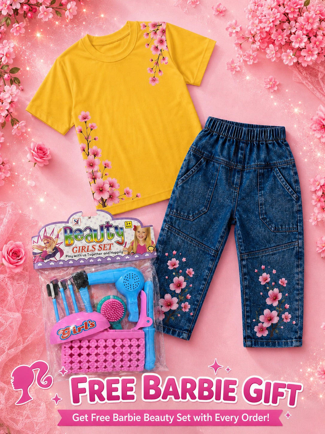 Girls Western Cotton Jersey T-Shirt & Denim Pent Tracksuit with Free Beauty Gift Set