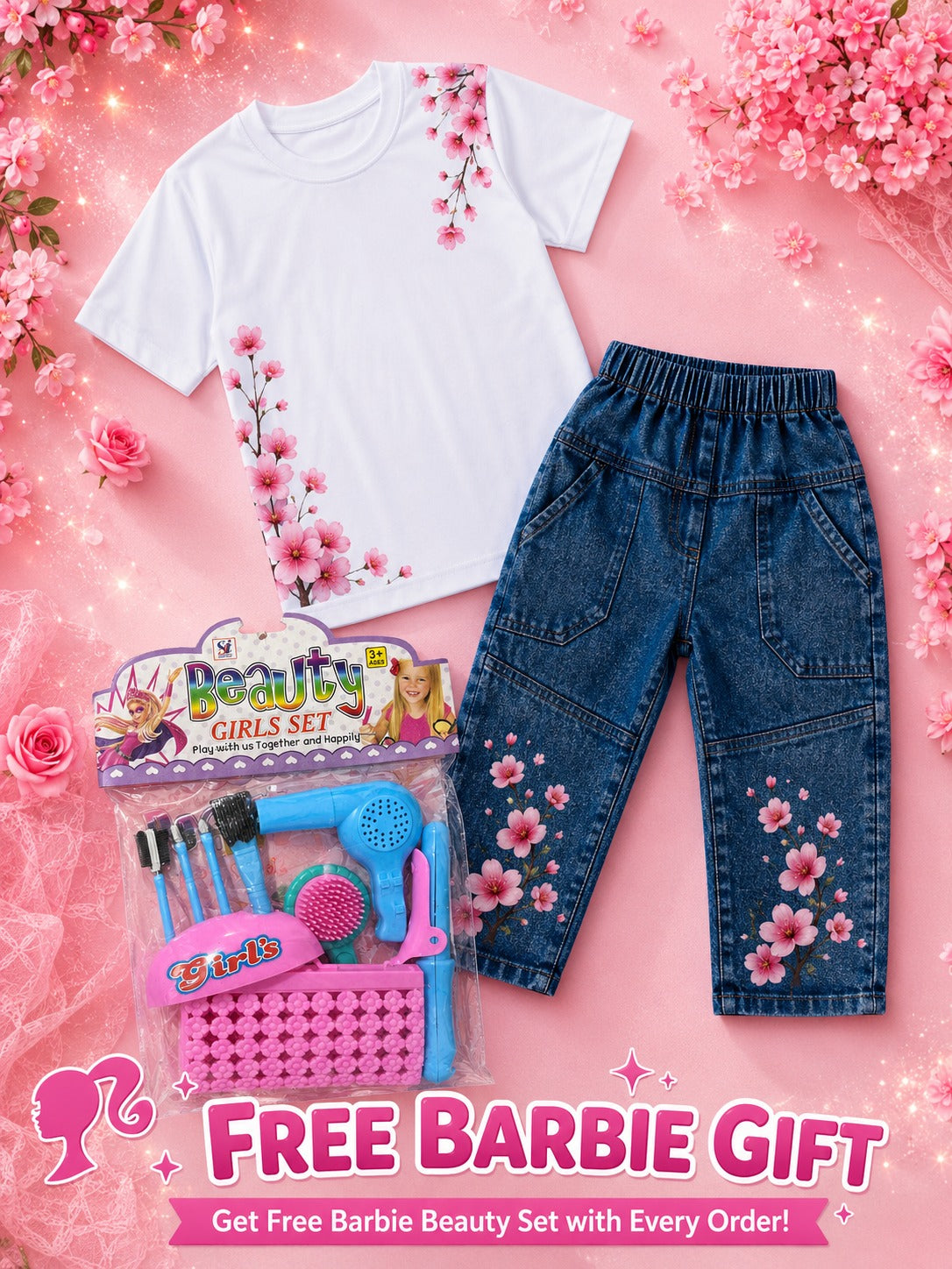 Girls Western Cotton Jersey T-Shirt & Denim Pent Tracksuit with Free Beauty Gift Set