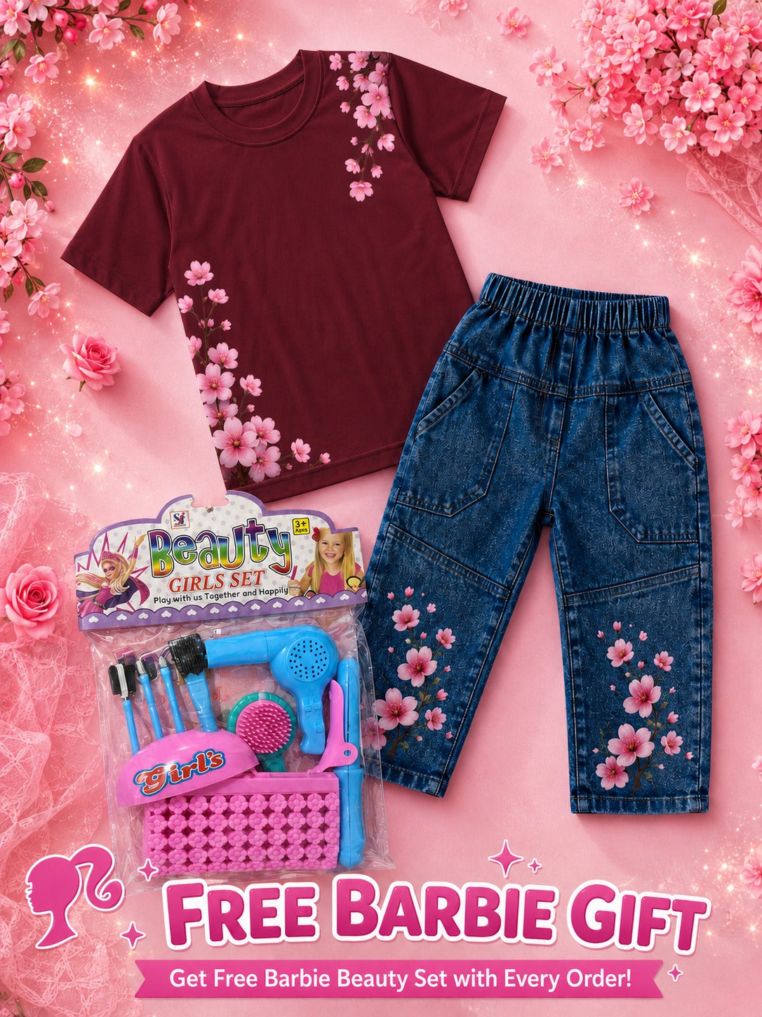 Girls Western Cotton Jersey T-Shirt & Denim Pent Tracksuit with Free Beauty Gift Set