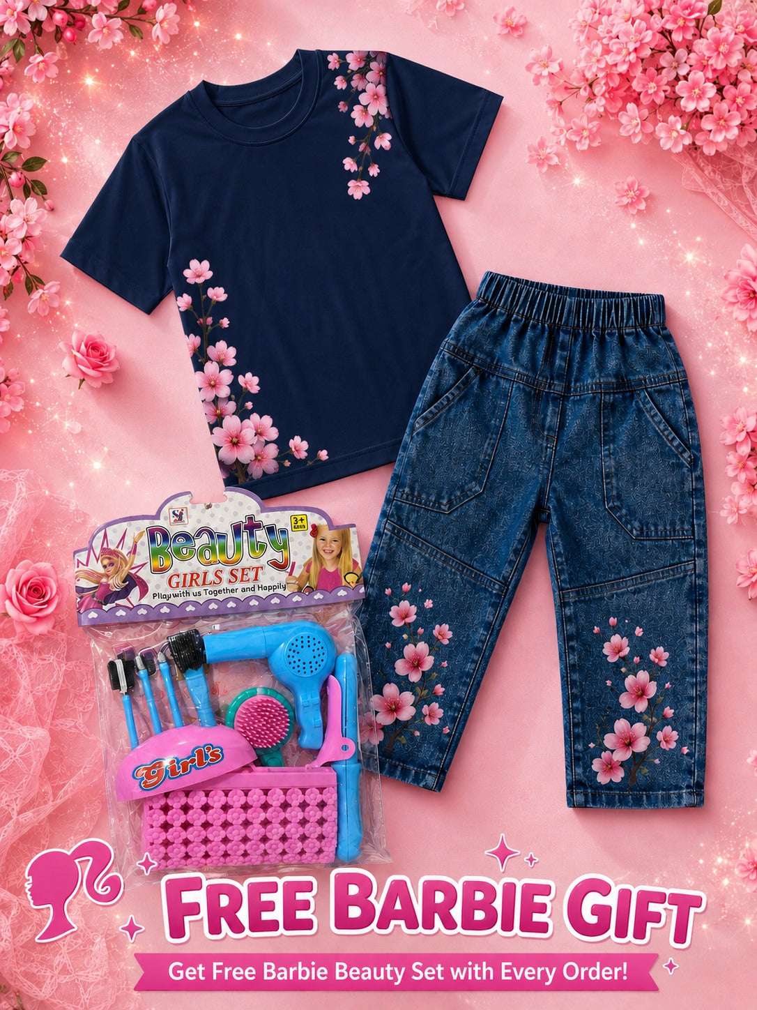 Girls Western Cotton Jersey T-Shirt & Denim Pent Tracksuit with Free Beauty Gift Set