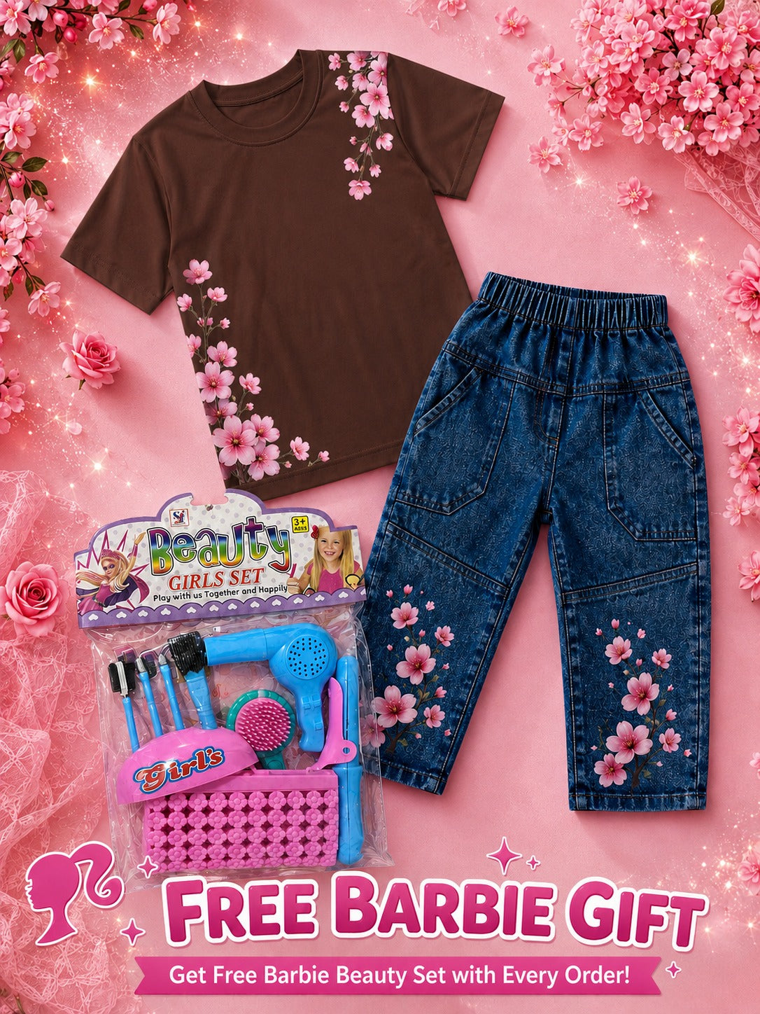 Girls Western Cotton Jersey T-Shirt & Denim Pent Tracksuit with Free Beauty Gift Set