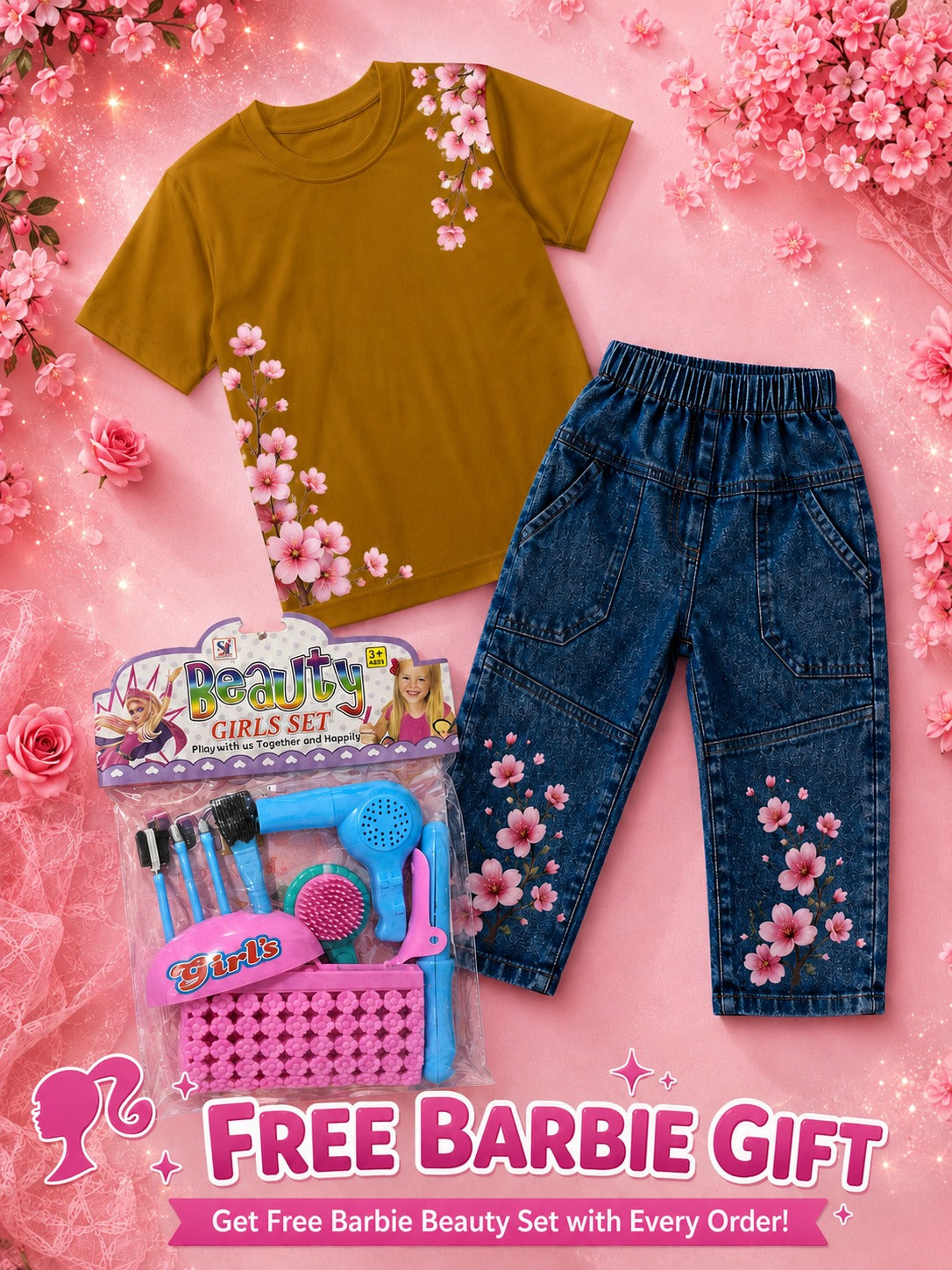 Girls Western Cotton Jersey T-Shirt & Denim Pent Tracksuit with Free Beauty Gift Set