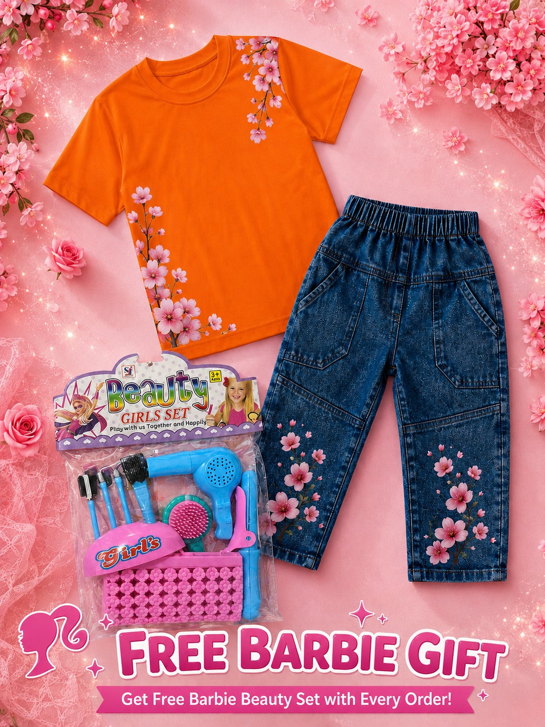 Girls Western Cotton Jersey T-Shirt & Denim Pent Tracksuit with Free Beauty Gift Set
