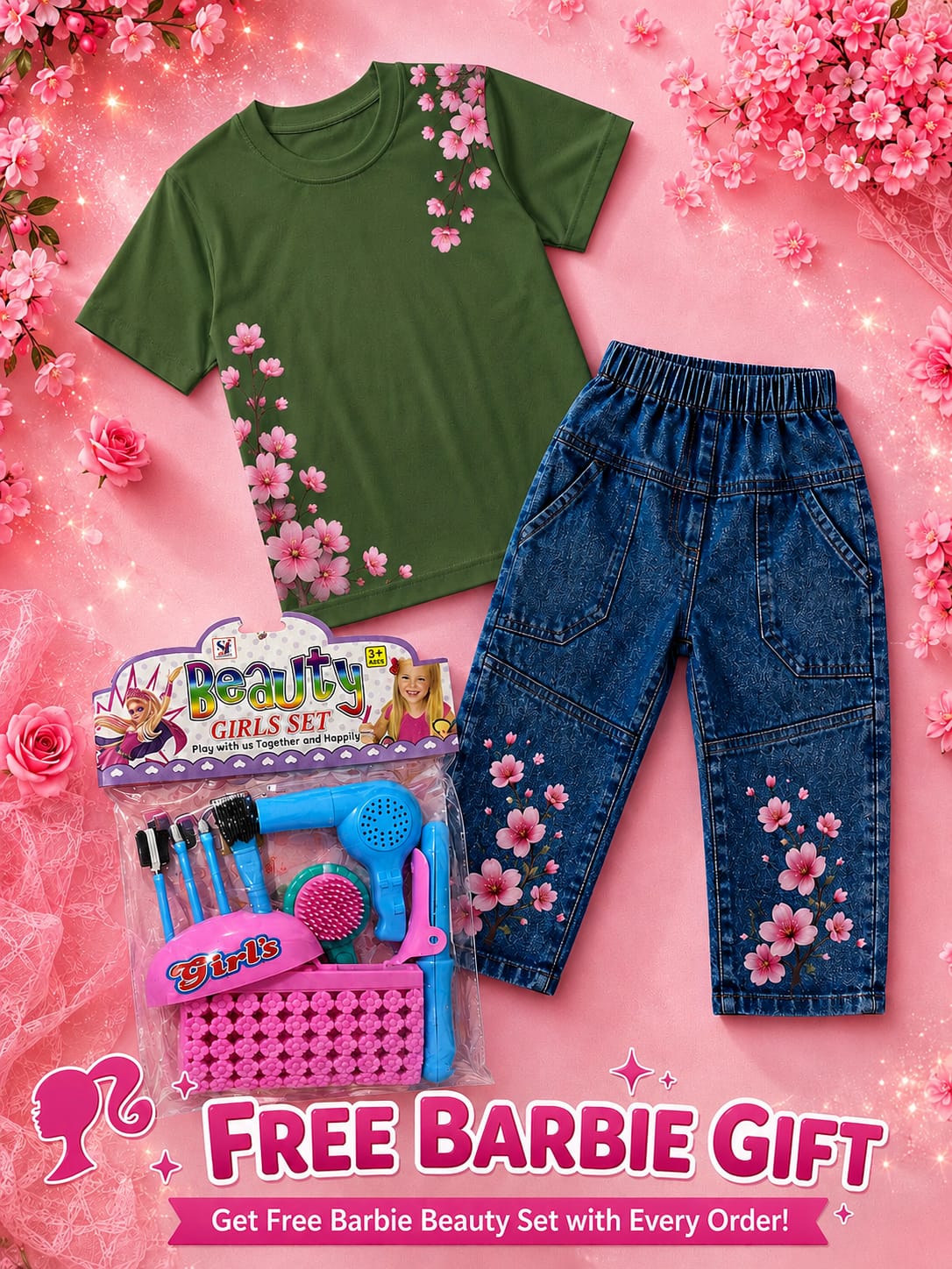 Girls Western Cotton Jersey T-Shirt & Denim Pent Tracksuit with Free Beauty Gift Set