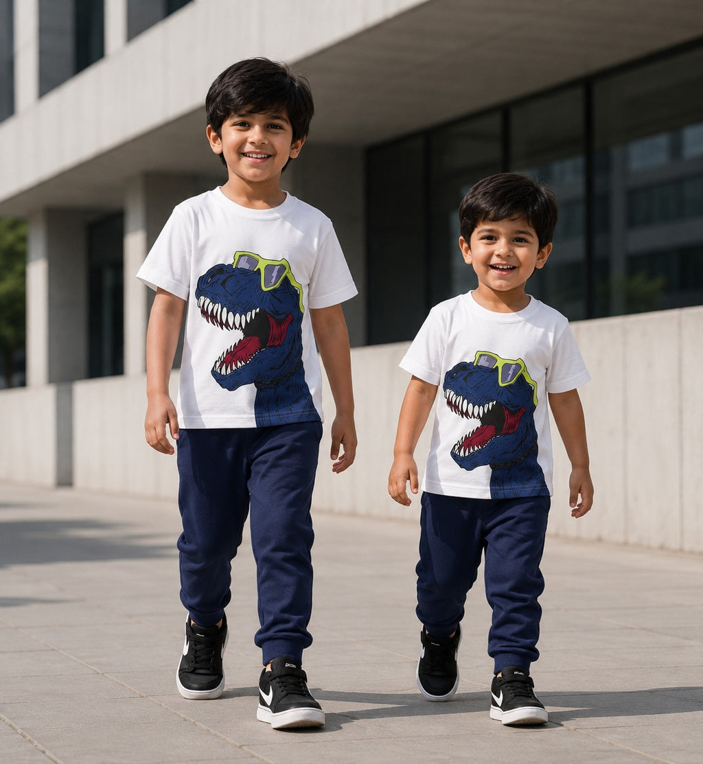 Boys Cool Dinosaur Printed T-Shirt & Trouser Set - Soft Jersey Summer Tracksuit