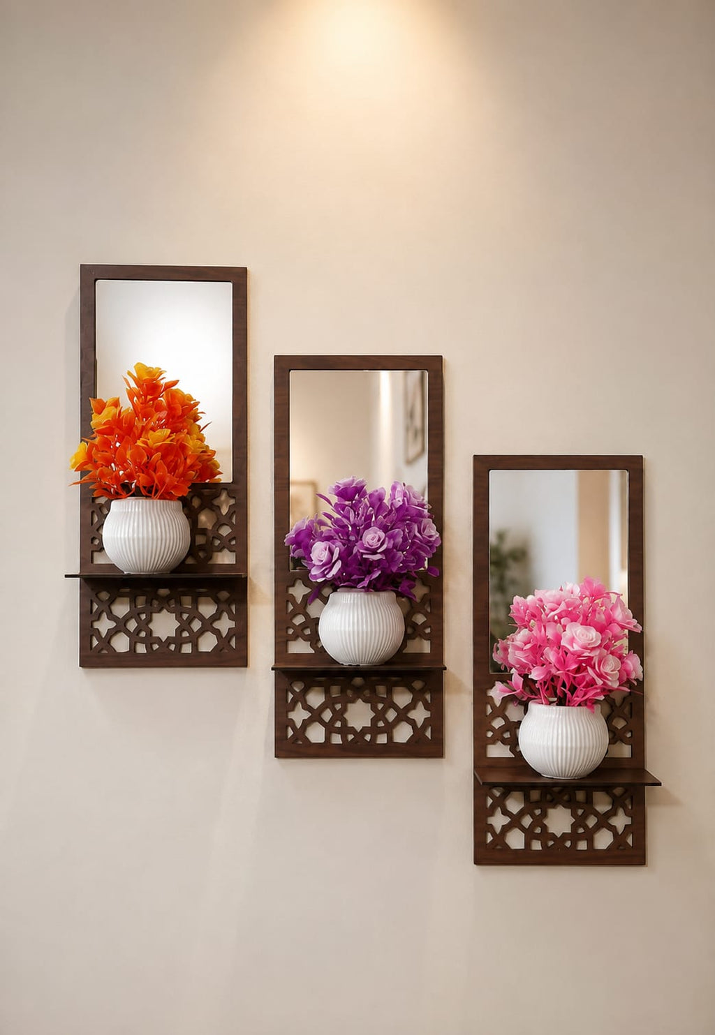 Premium Wooden Wall Mirror Shelf Set – Geometric Decorative Wall Decor (Set of 3)