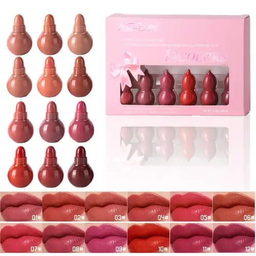 12 Pcs Mini Gourd Lipstick Set - Matte & Long-Lasting Waterproof Lipsticks (Pack of 12)