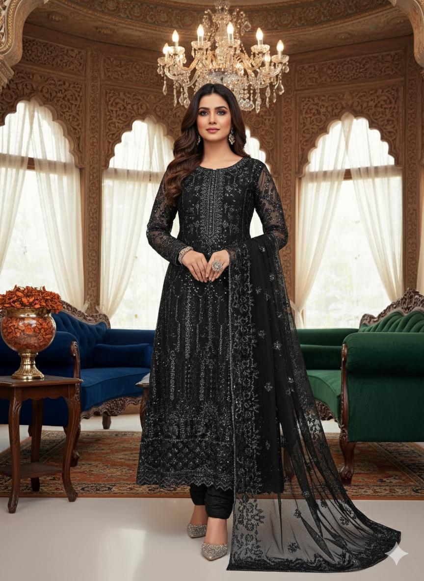 Premium Net Sequence Embroidered 3-Piece Dress with Katan Silk Trouser