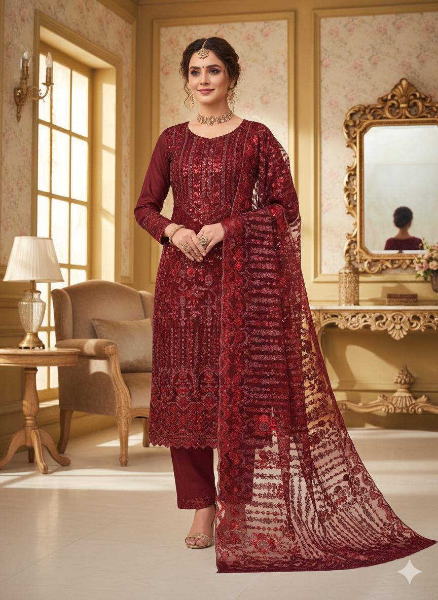 Premium Net Sequence Embroidered 3-Piece Dress with Katan Silk Trouser