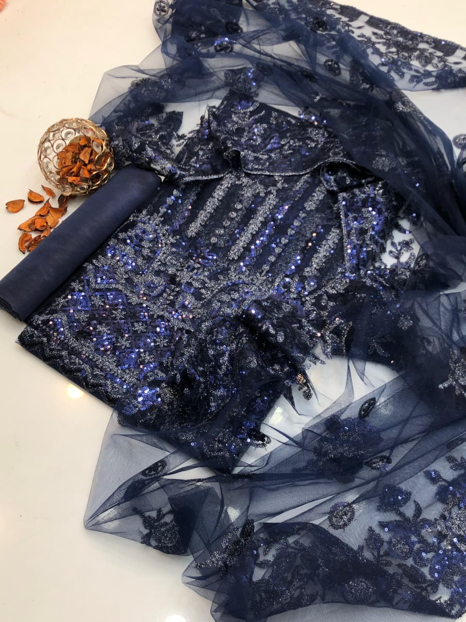Premium Net Sequence Embroidered 3-Piece Dress with Katan Silk Trouser