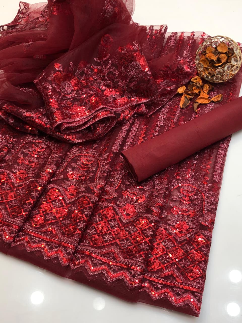 Premium Net Sequence Embroidered 3-Piece Dress with Katan Silk Trouser