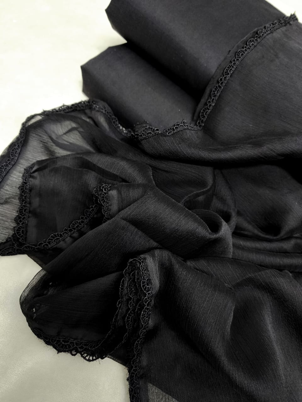 Black All Over Plain 3PC Bareeze Cotton Suit with Chiffon Lace Dupatta