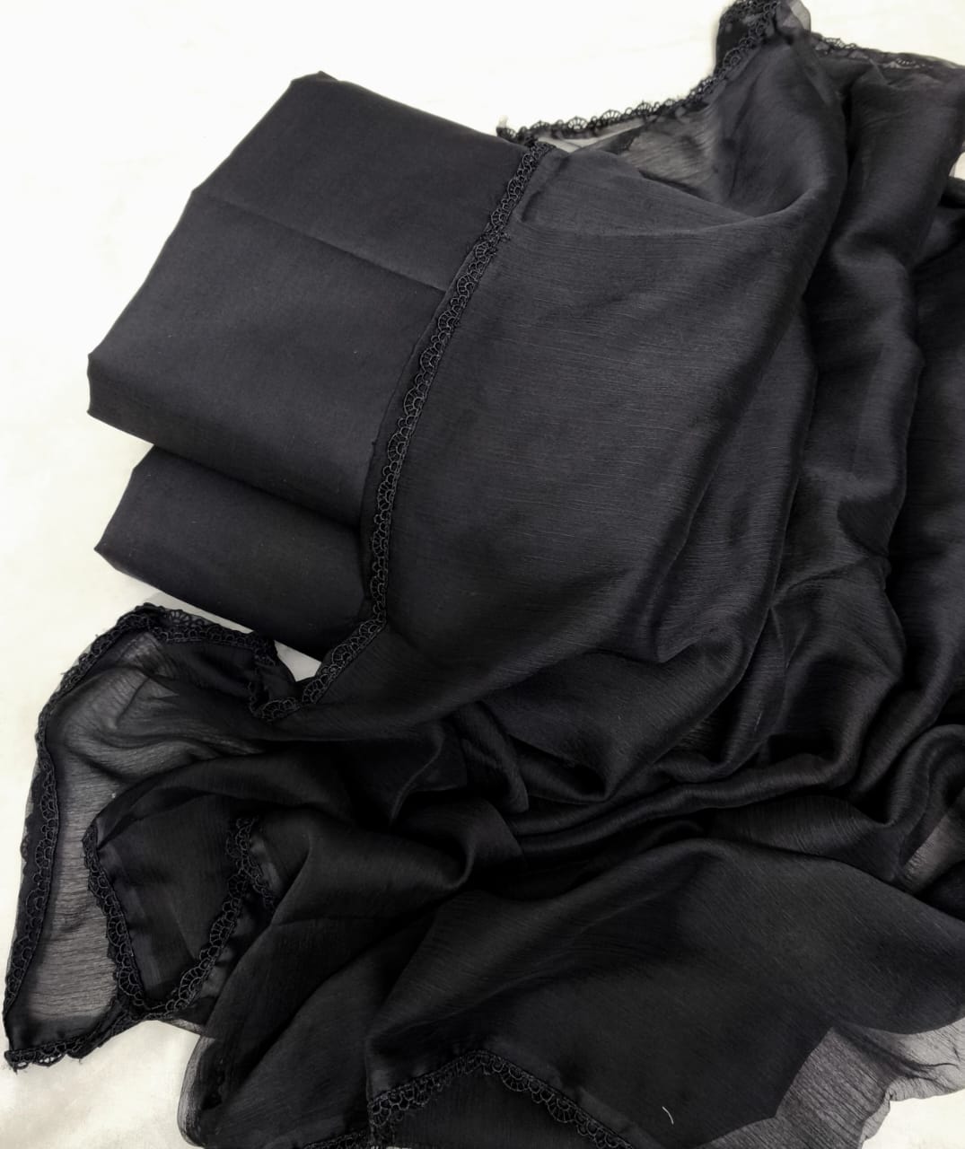 Black All Over Plain 3PC Bareeze Cotton Suit with Chiffon Lace Dupatta