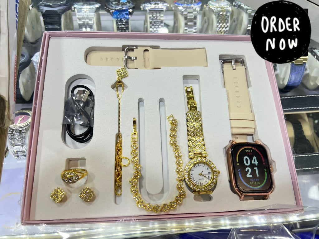 A58 Plus 8-in-1 Premium Ladies Gift Set - Smartwatch, Analogue Watch & Jewelry Combo for Girls