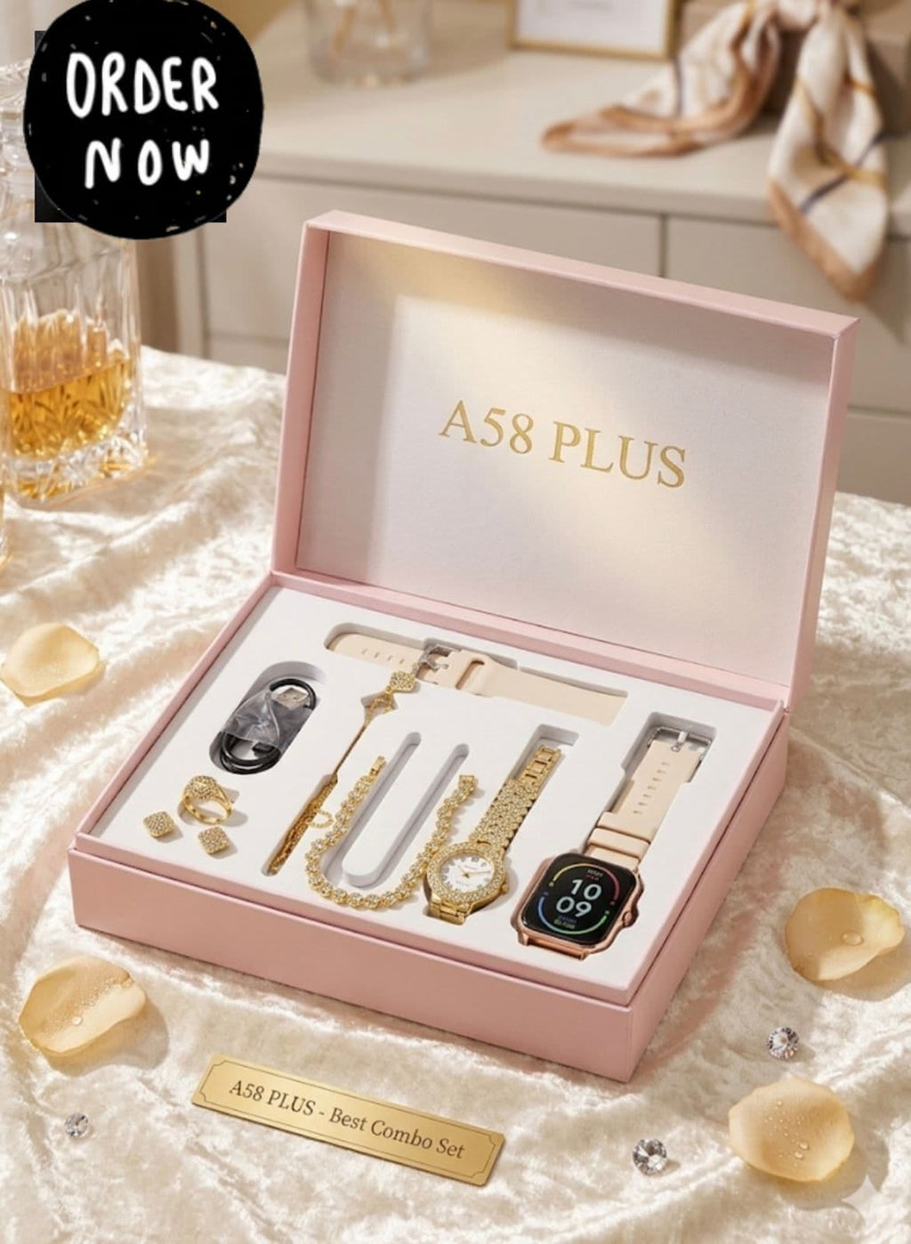 A58 Plus 8-in-1 Premium Ladies Gift Set - Smartwatch, Analogue Watch & Jewelry Combo for Girls