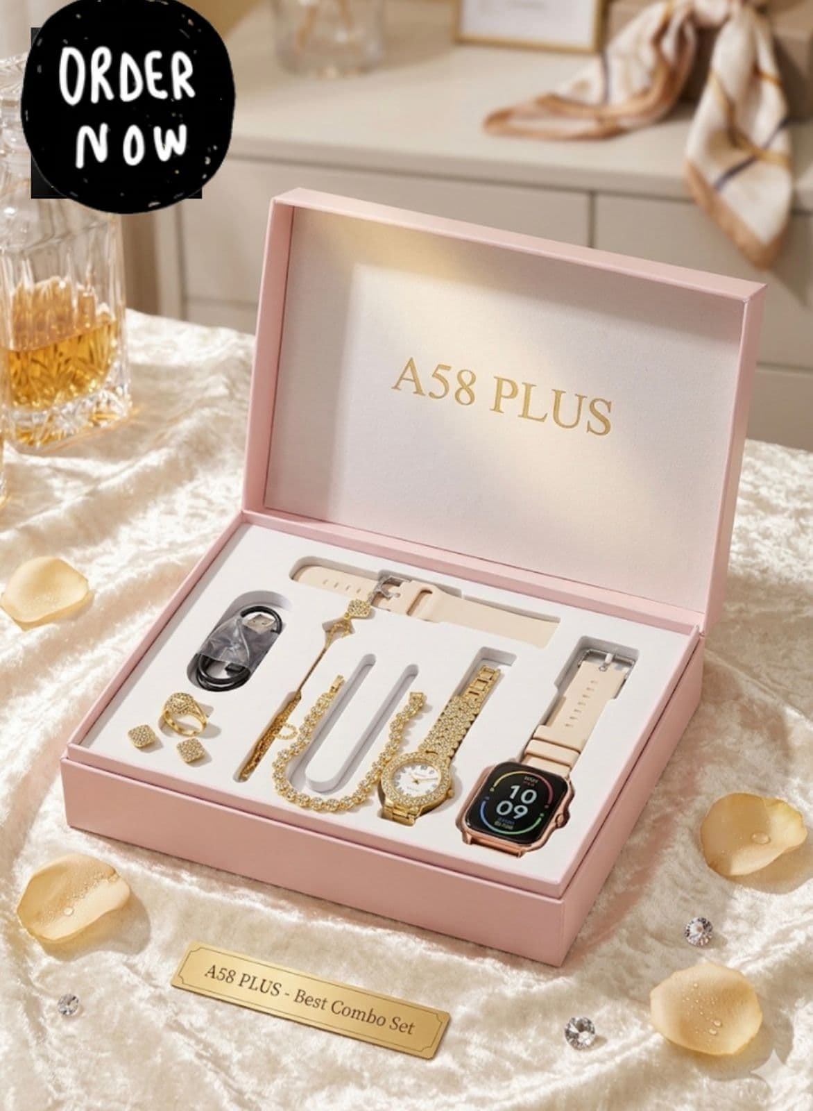 A58 Plus 8-in-1 Premium Ladies Gift Set - Smartwatch, Analogue Watch & Jewelry Combo for Girls