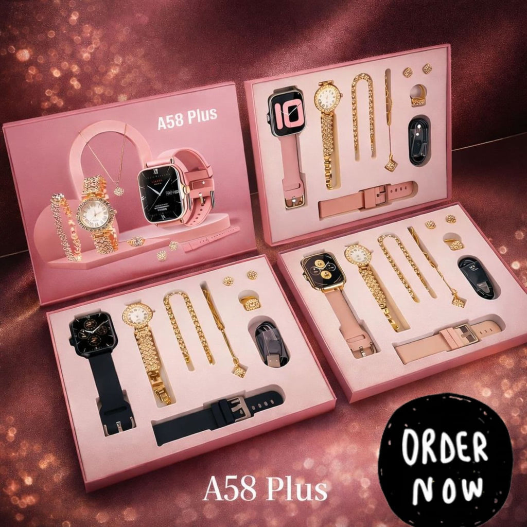 A58 Plus 8-in-1 Premium Ladies Gift Set - Smartwatch, Analogue Watch & Jewelry Combo for Girls