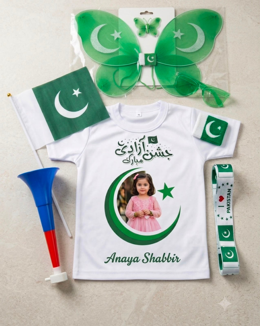 9-Piece 14 August Independence Day Girls Accessories Deal – Green & White Festive Set